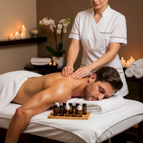Massage therapist giving back massage with essential oils and candles for a relaxing spa vibe.