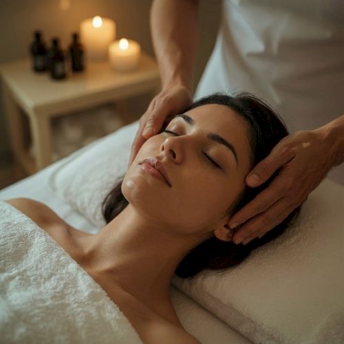 A woman receiving a relaxing facial or head massage in a tranquil spa setting with warm candlelight, calm ambiance, and soothing touch.