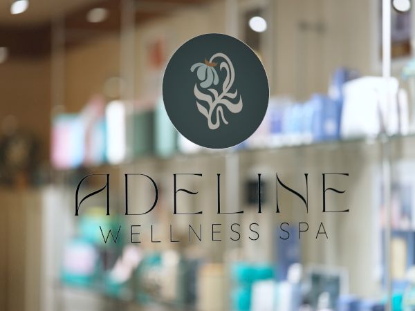 A glass door with a logo reading &ldquo;ADEL INE WELLNESS SPA&rdquo; and blurred shelves of spa products in the background, shop signage clearly visible.